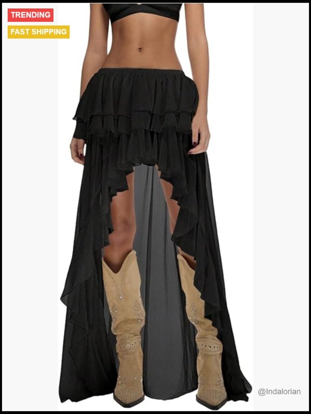 Layered Ruffle Chiffon Maxi Skirt Asymmetrical Hem Boho Cowgirl